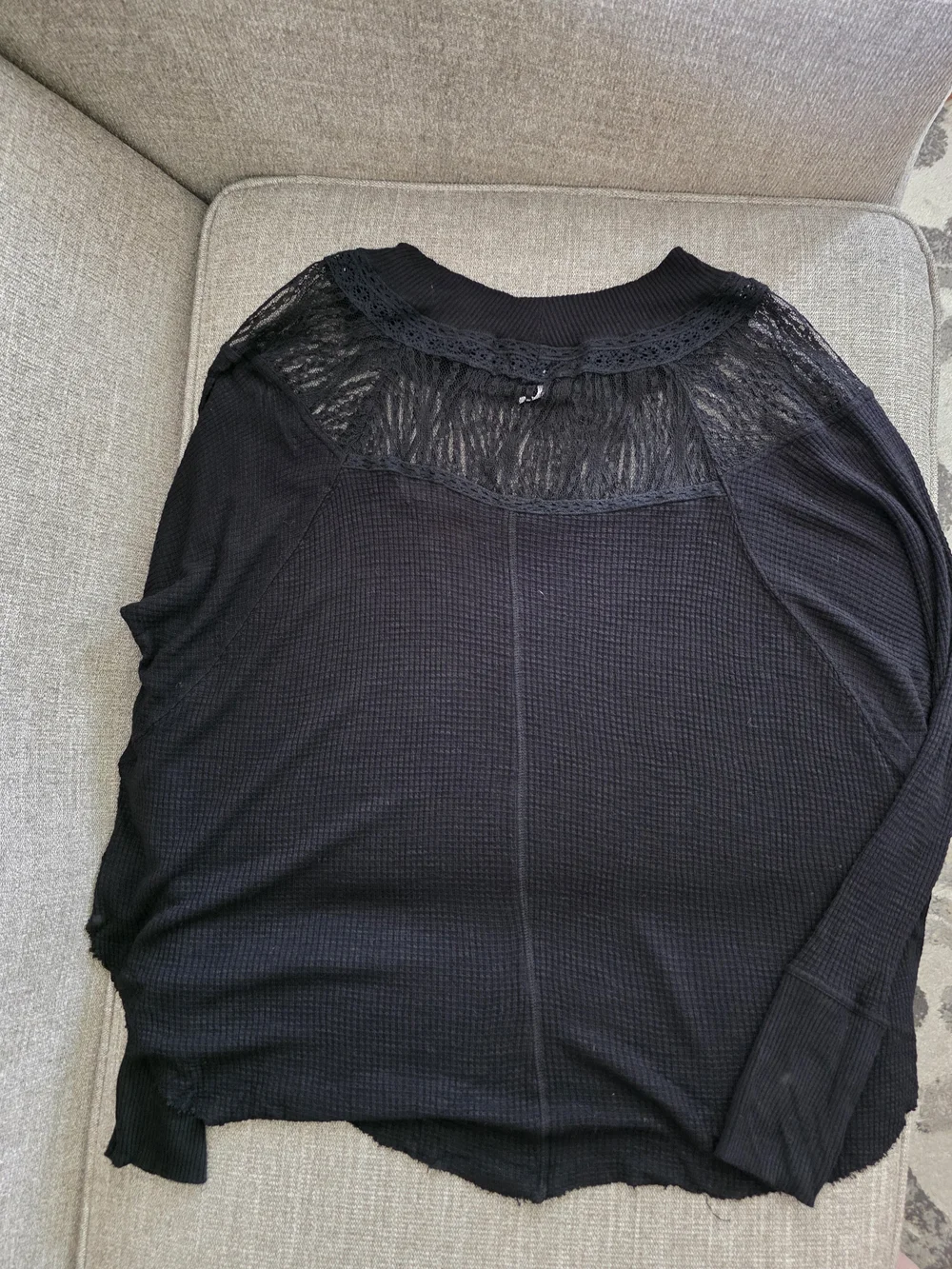 Free People Spring Valley Black Lace Yoke Waffle Thermal Top Size S